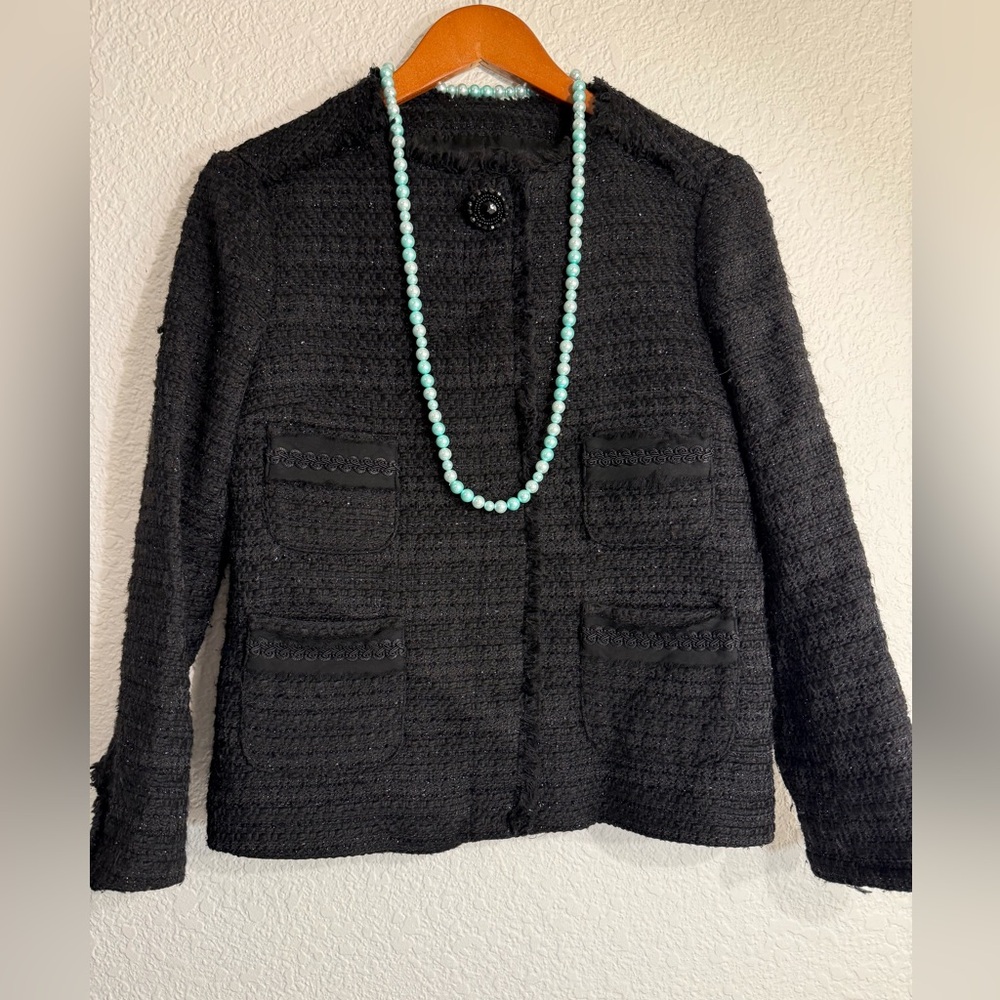 Zara Basic Black Tweed Collarless Box Jacket Size… - image 1